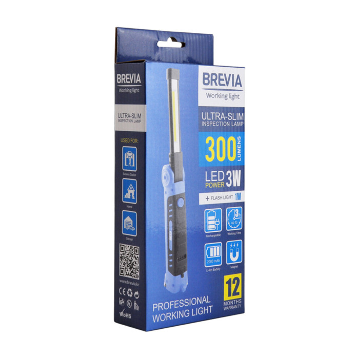 Фонарь инспекционный Brevia LED Ultra-slim 3W COB+1W LED 300lm, 2000mAh, microUSB  