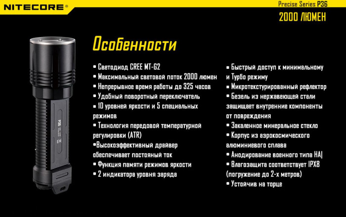 Карманный фонарь Nitecore P36, 2000 люмен  