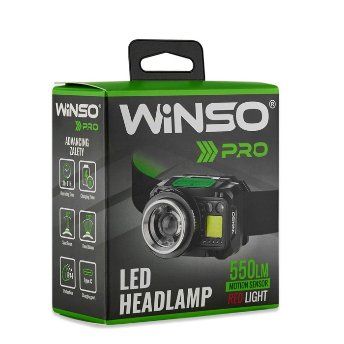 Фонарь налобный Winso PRO 550Lm, 3W CREE XPG + COB, 1200mAh/3xAAA, Zoom, Sensor White/Red  