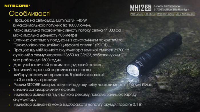 Фонарь Nitecore MH12SE (SFT-40-W LED, 1800 люмен)  