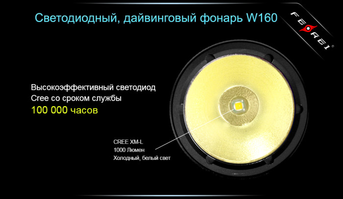 Подводный фонарь фонарь Ferei W160 U2, 1000 лм.  