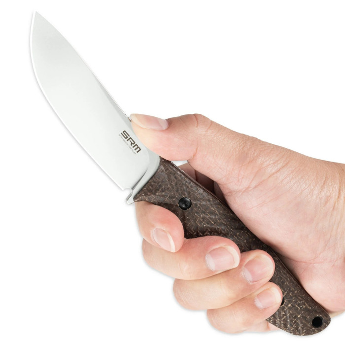 Нож с чехлом туристический SRM Fossa 605T-MW, (8.8 см) 14C28N / Micarta коричневый  
