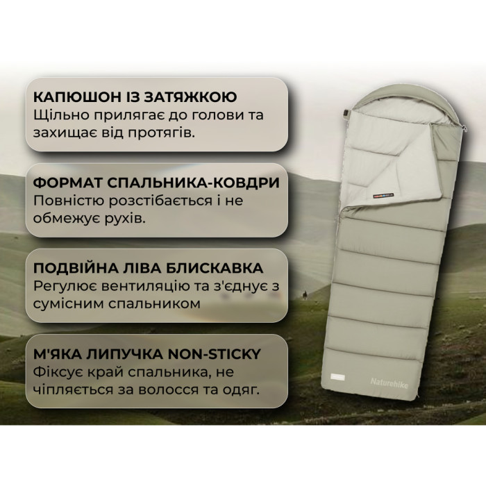 Спальный мешок с капюшоном Naturehike MS100 CNK2350WS023 правый, зеленый  