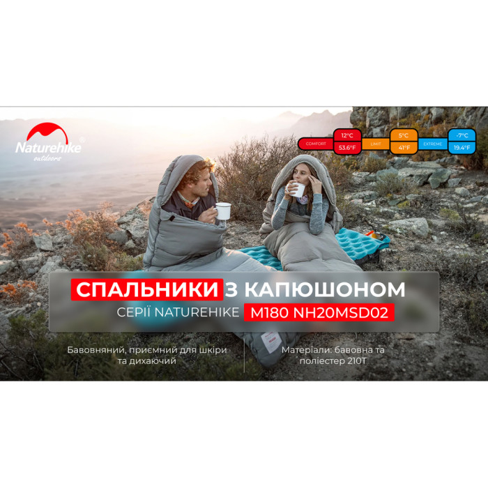 Спальник с капюшоном Naturehike M180 NH20MSD02, левый, серый (6975641886655)  