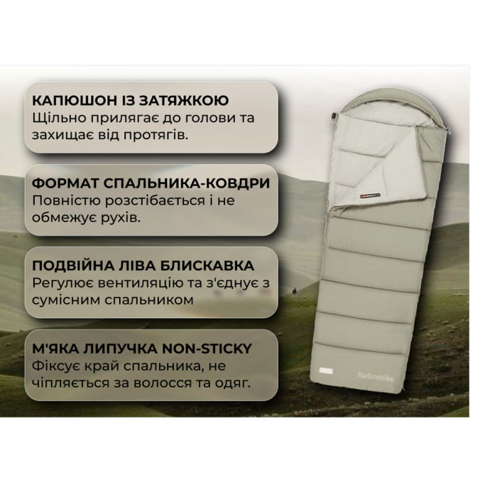 Спальный мешок с капюшоном Naturehike MS500 CNK2350WS023 правый, зеленый  