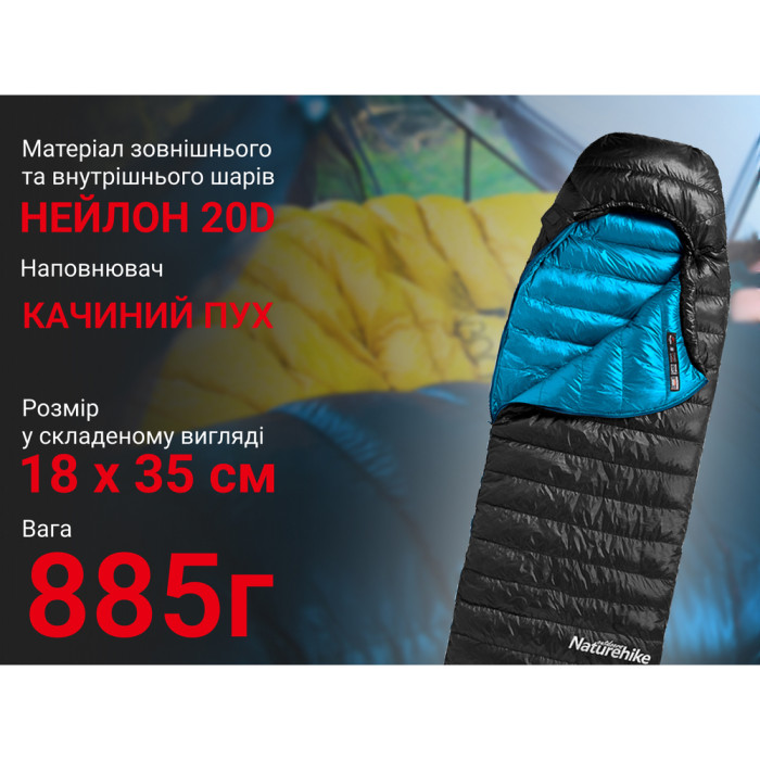 Спальник с натуральным пухом Naturehike CW400 NH18C400-D, р-р L, черно-голубой  