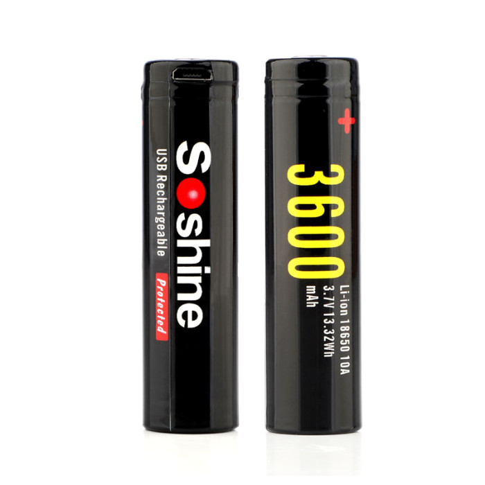 Аккумулятор 18650 Li-Ion Soshine 18650USB-3.7-3600, microUSB, 3600mAh, 4.5A, 4.2/3.6/2.75V  