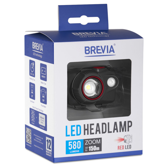 Фонарь налобный Brevia 580Lm, Focus Control, 3xAAA, IP64 (белый/красный)  