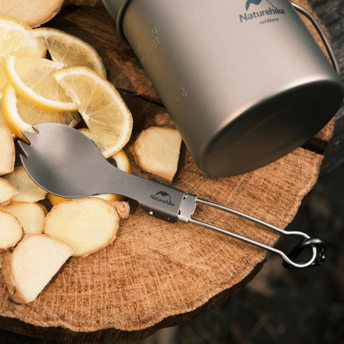 Ложко-вилка титановая складная Naturehike NH19C001-J серая с мешочком  