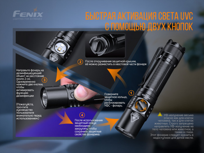 Карманный фонарь Fenix LD32 UVC , серый, XHP 35 HI (холодный белый), 1200 люмен  