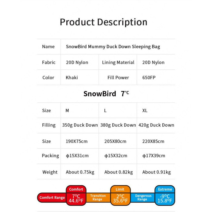 Спальник с натуральным пухом Naturehike Snowbird NH20YD001, р-р L, коричневый 380 г  