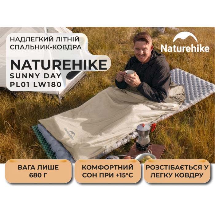 Спальник сверхлегкий Naturehike Sunny Day PL01 LW180 CNK2550WS026, (15°C), p-p regular, коричневый  